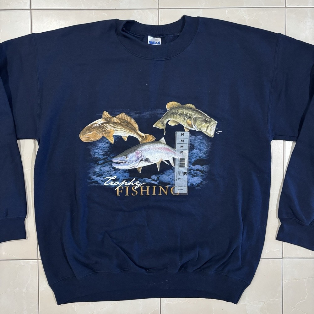 Vintage Fishing Crewneck Sweatshirt NEW Navy Men's M Bass Trout Outdoors Gorp
